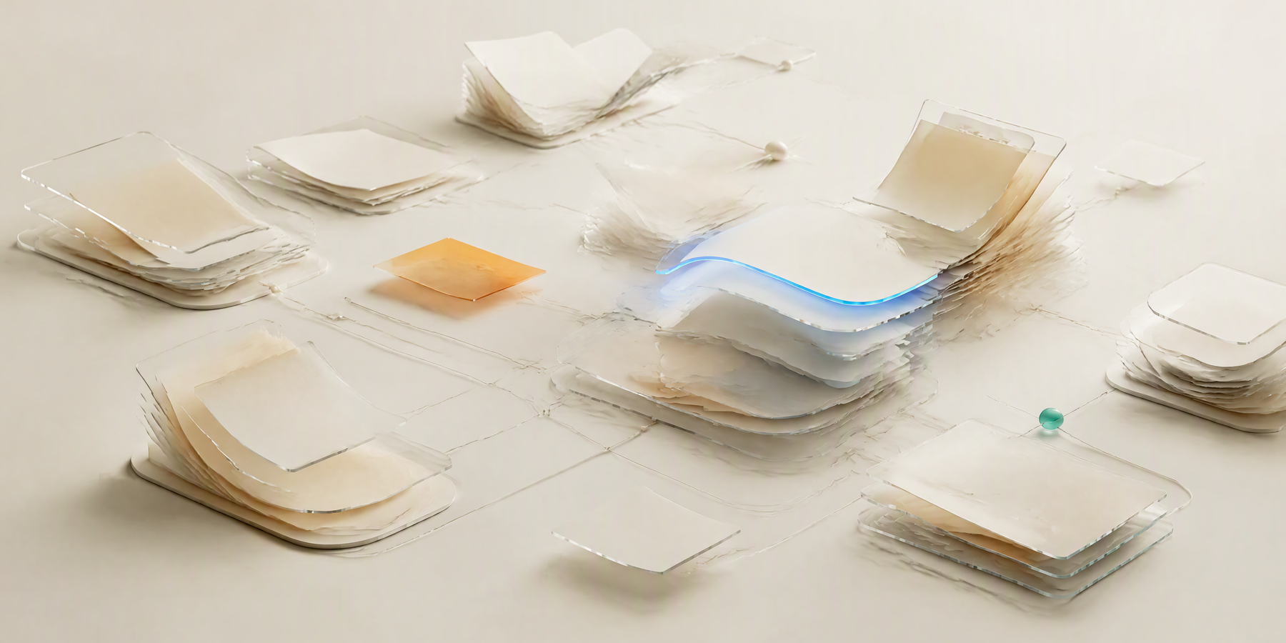 Layered document planes rearranging into a new connected legal-industry landscape.