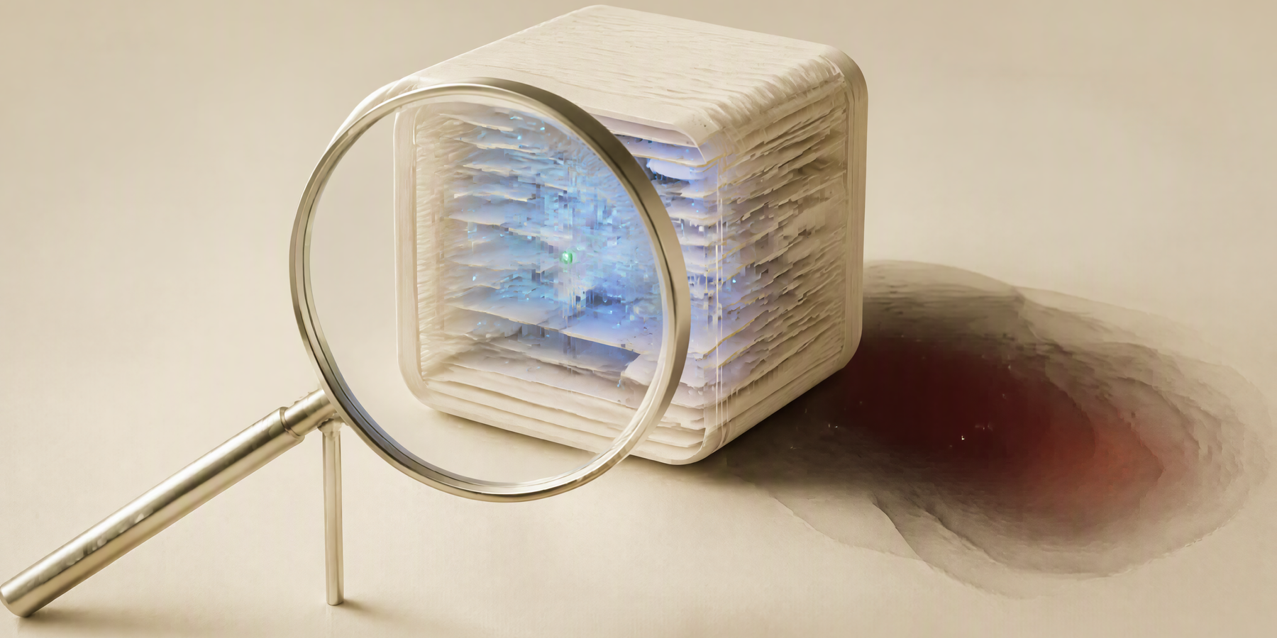 A translucent lens revealing hidden layers inside an AI core while casting an unresolved shadow.