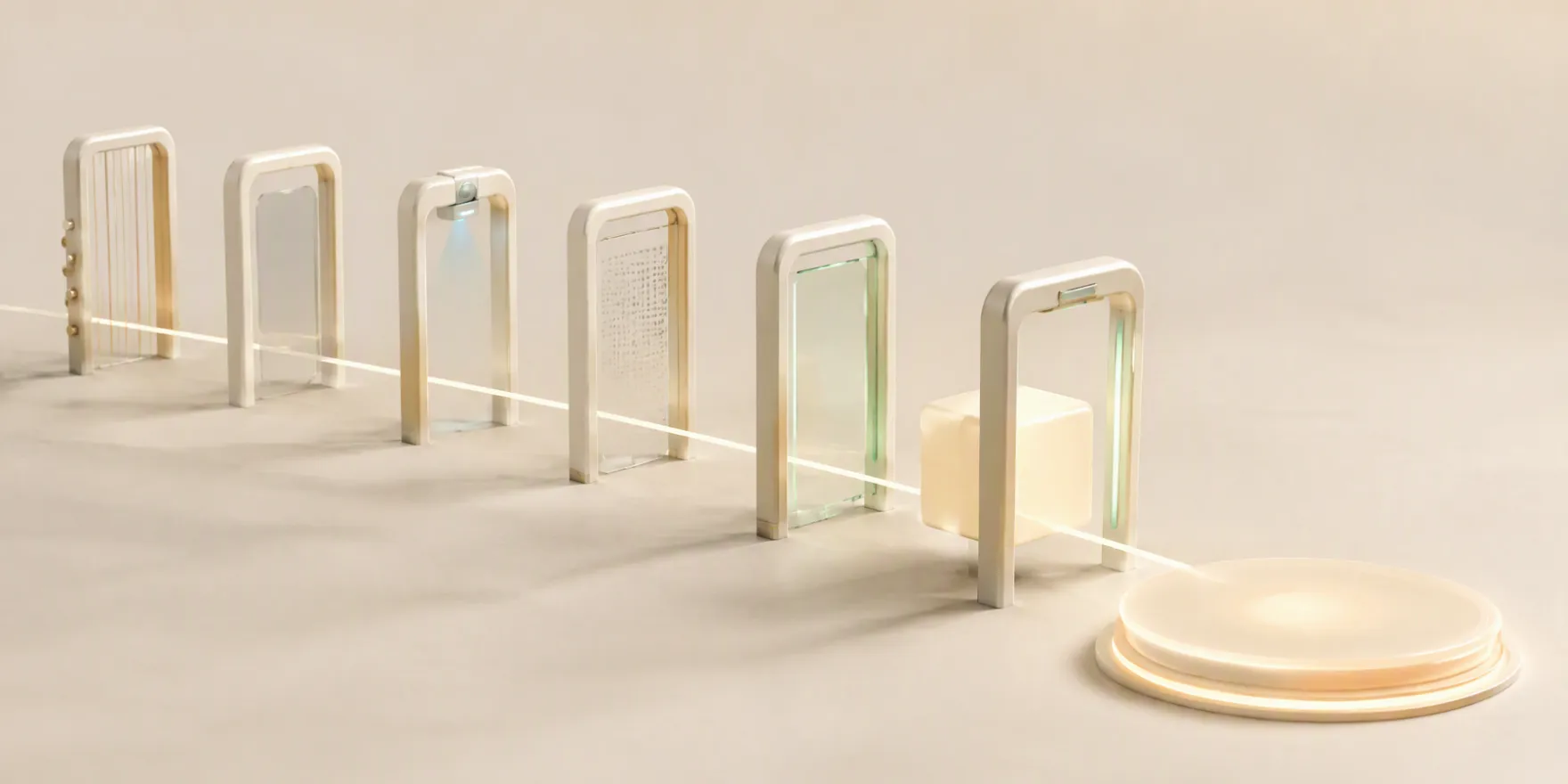 A vendor module passing through layered legal, privacy and security inspection gates.