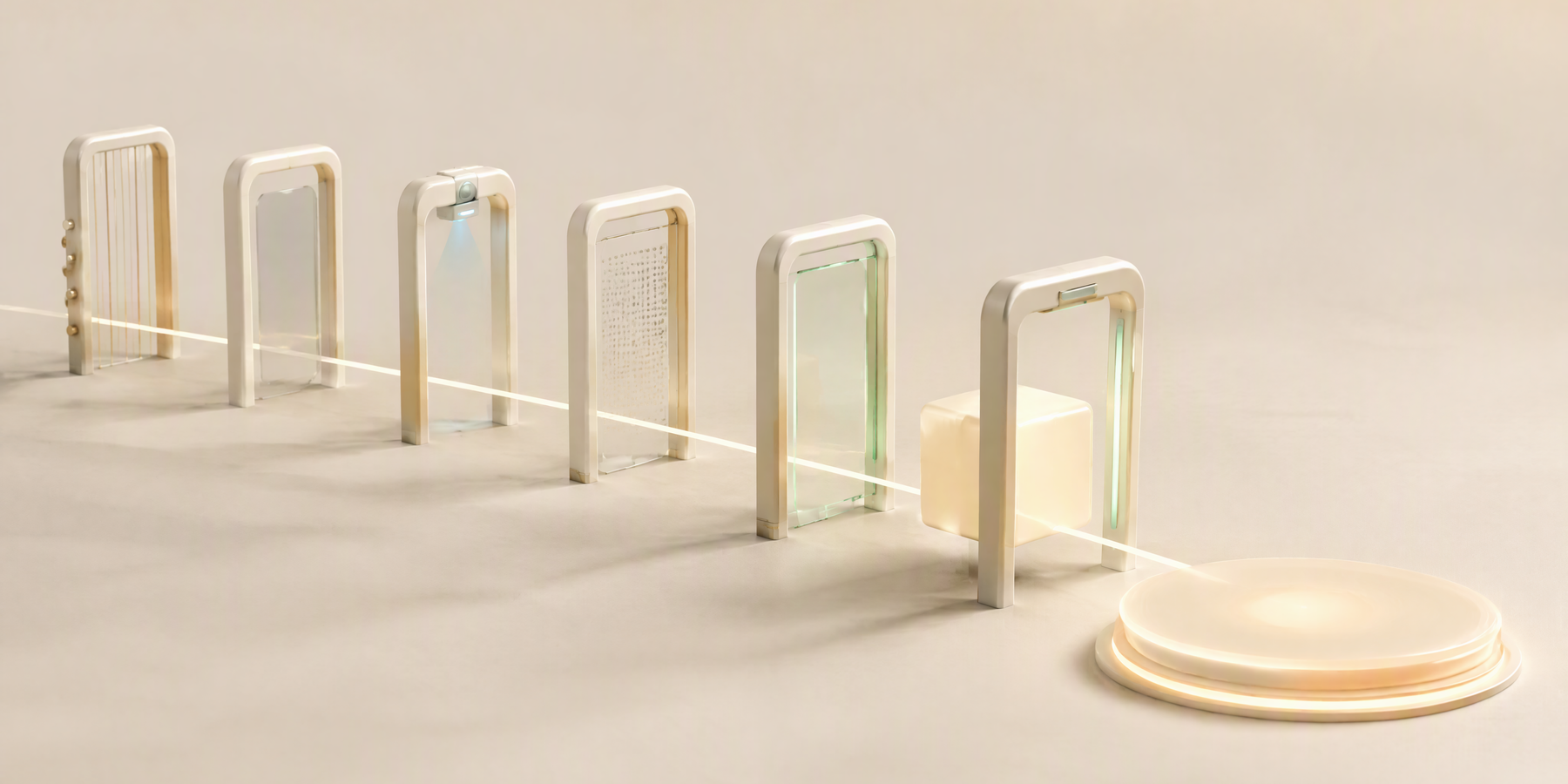 A vendor module passing through layered legal, privacy and security inspection gates.