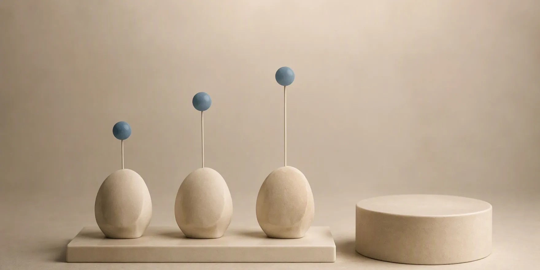 Three cream egg-shaped objects on a rectangular base, each topped with a small blue sphere on a thin rod at increasing heights, beside an empty cylindrical pedestal on a beige background.