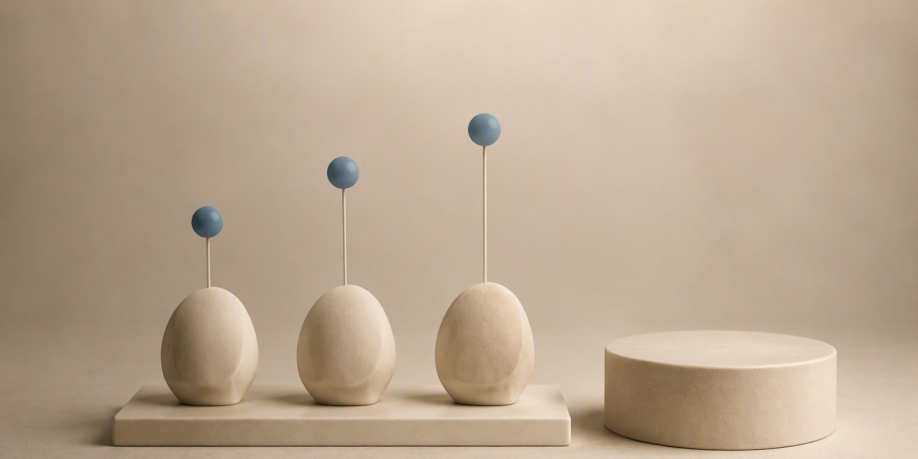 Three cream egg-shaped objects on a rectangular base, each topped with a small blue sphere on a thin rod at increasing heights, beside an empty cylindrical pedestal on a beige background.